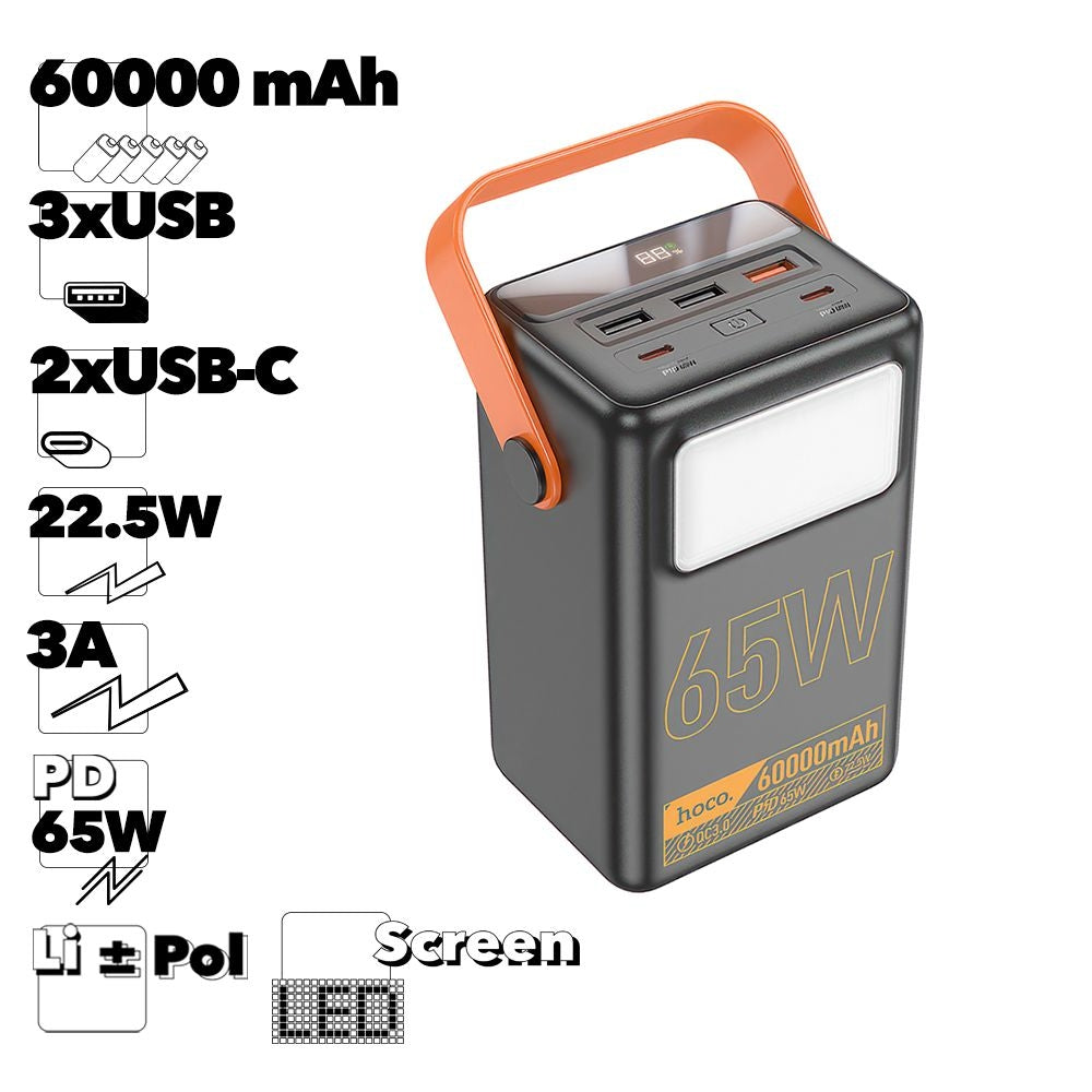 (60000mAh) PD 65W USB-C LED lampe de poche forte batterie chargeur batterie externe portable
