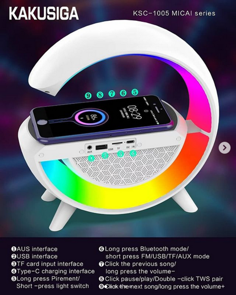 Lampe LED veilleuse sans fil Bluetooth haut-parleur stéréo avec support de chargeur sans fil