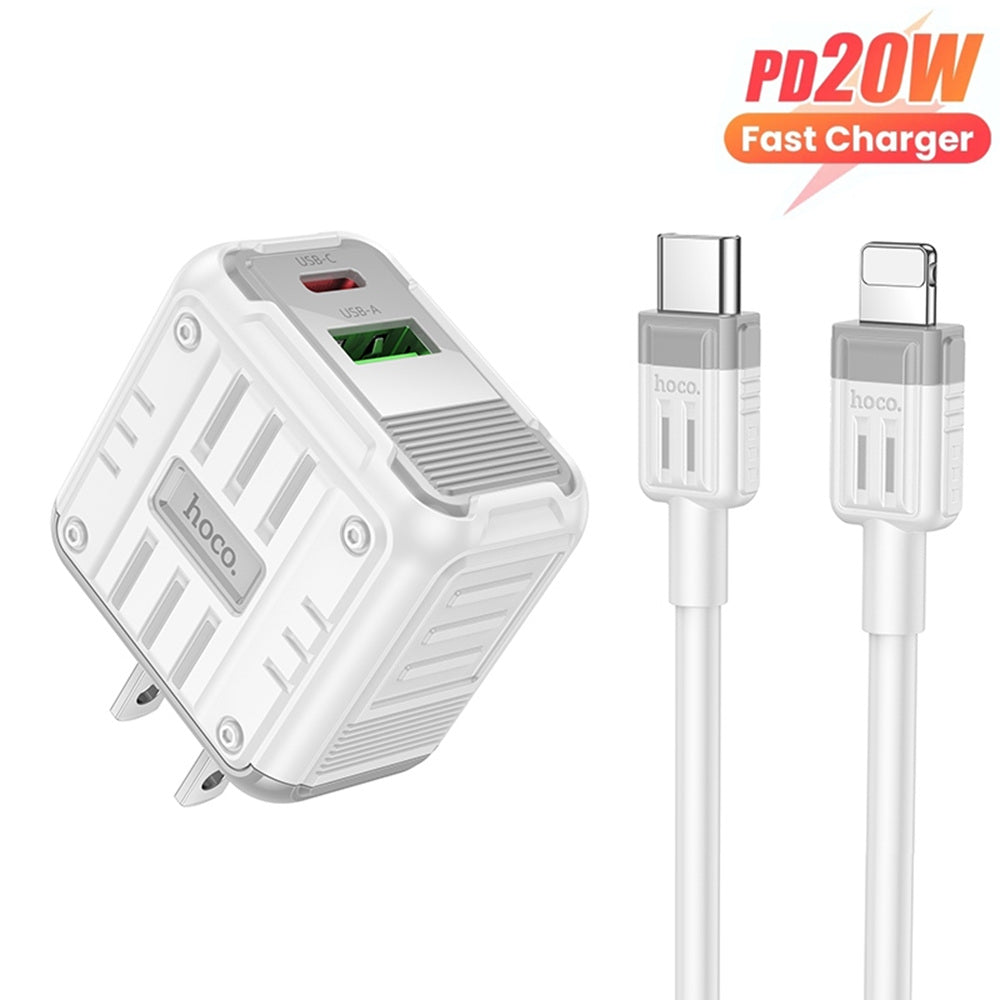 Chargeur secteur mural double ports USB-C + QC3.0 USB-A (20 W) avec câble de 1 m