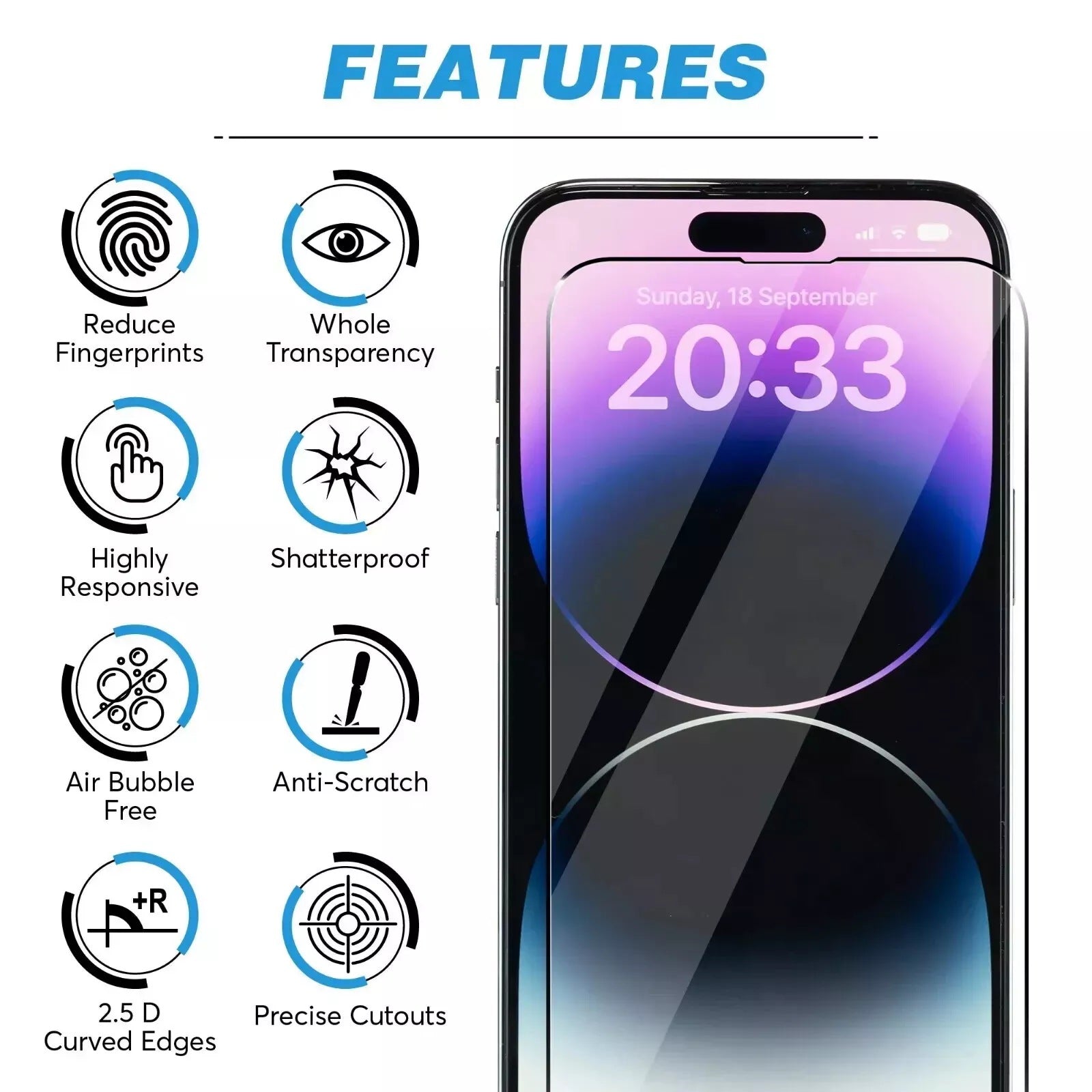 Lot de 2 protecteurs d'écran incurvés en verre trempé à couverture complète pour iPhone 15 Pro