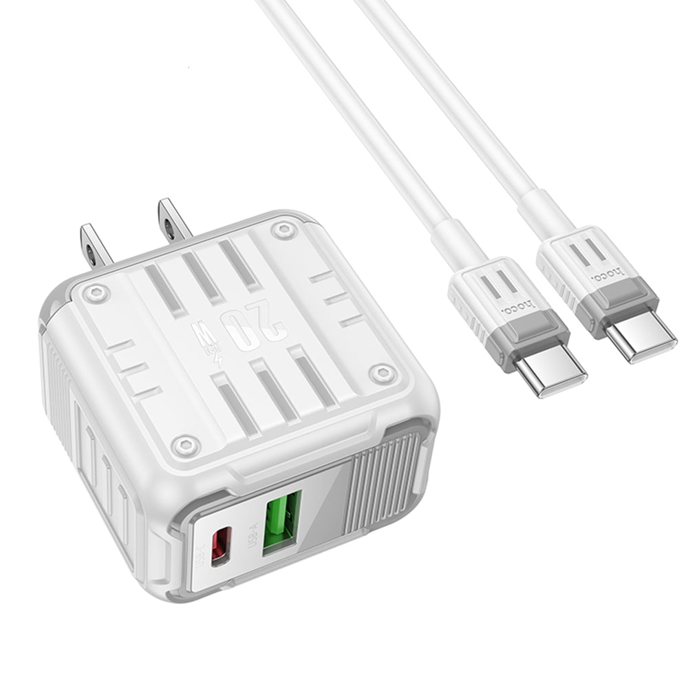 Chargeur secteur mural double ports USB-C + QC3.0 USB-A (20 W) avec câble de 1 m