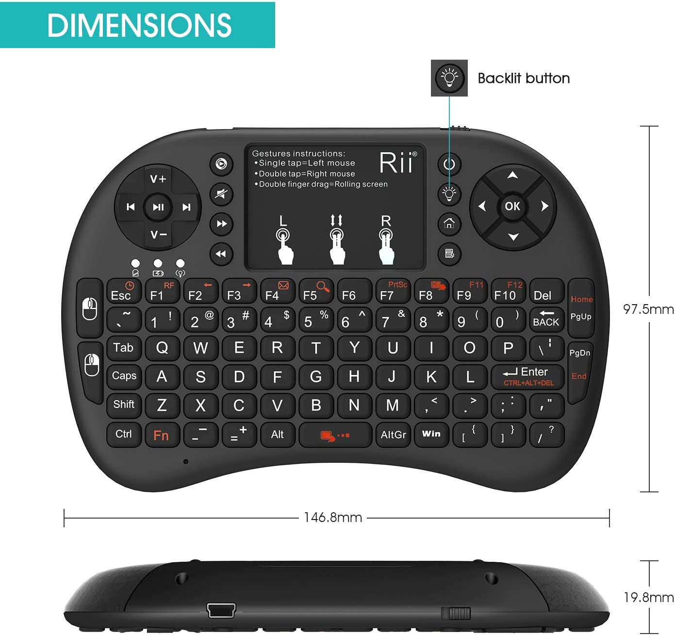 Mini clavier rétroéclairé sans fil portable avec pavé tactile