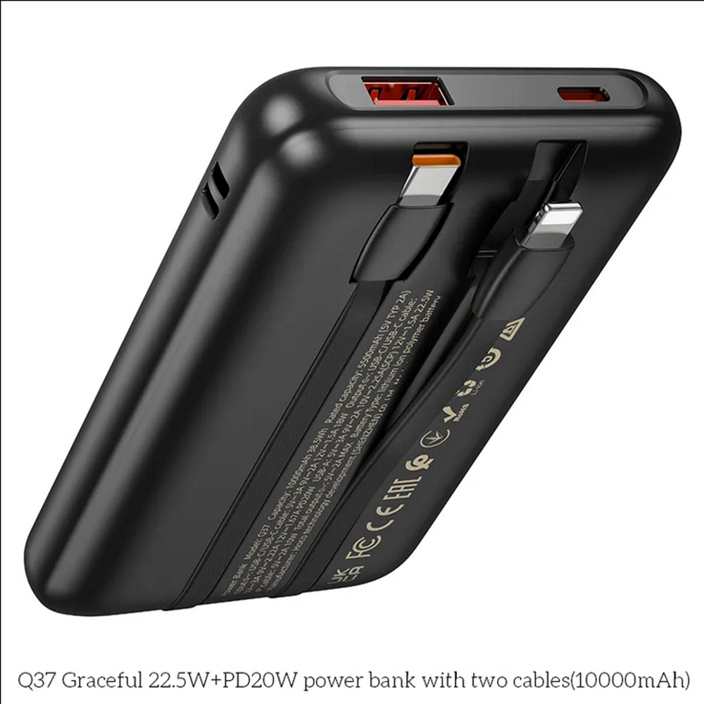 Chargeur de batterie externe portable (10 000 mAh) avec câbles USB-C et Lightning