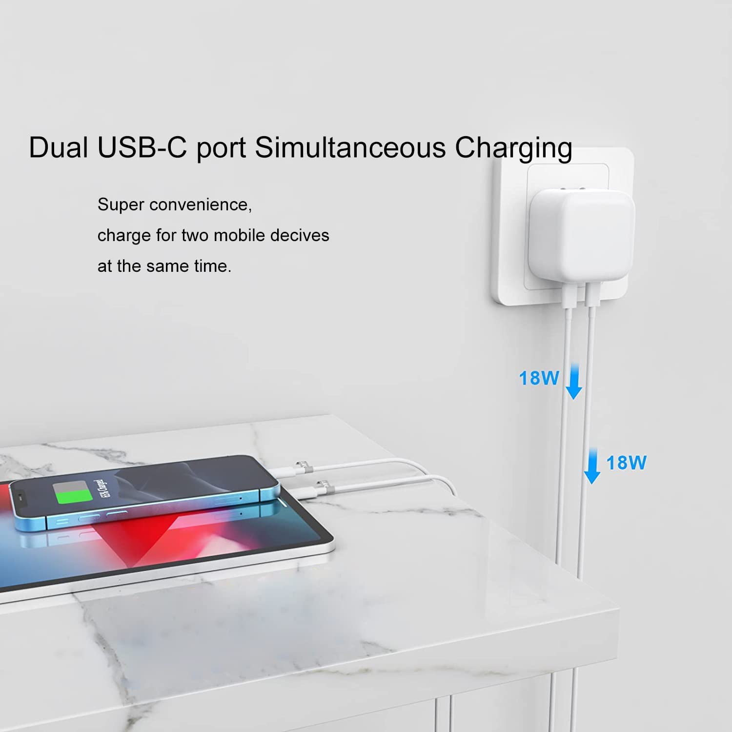 Adaptateur secteur à charge rapide double USB-C PD 3.0 35 W, chargeur mural et câble USB-C + câble Lightning (1 m)