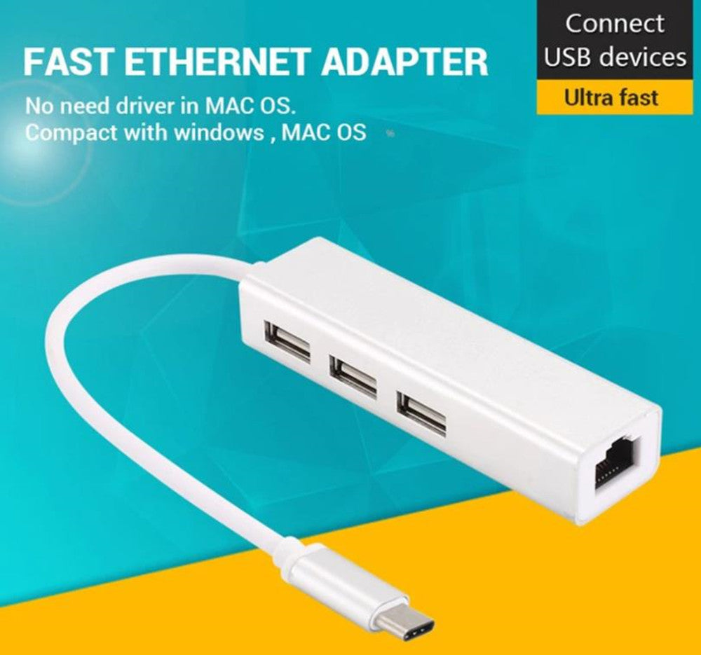 Hub USB USB-C vers 3 ports + adaptateur LAN Ethernet RJ45