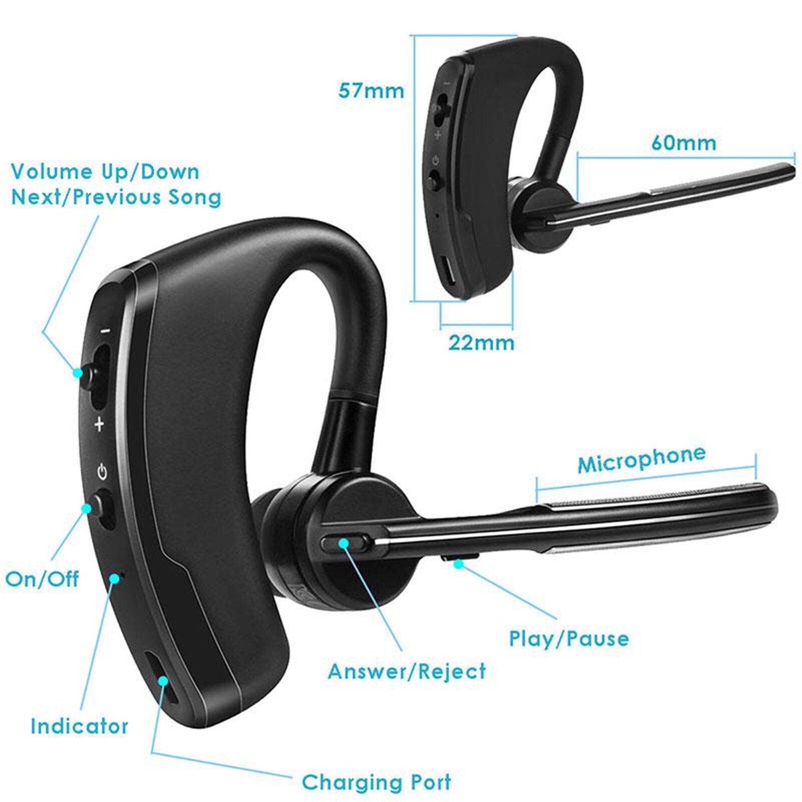 Casque Bluetooth sans fil, mains libres, crochet d'écouteurs intra-auriculaires, suppression du bruit stéréo et micro