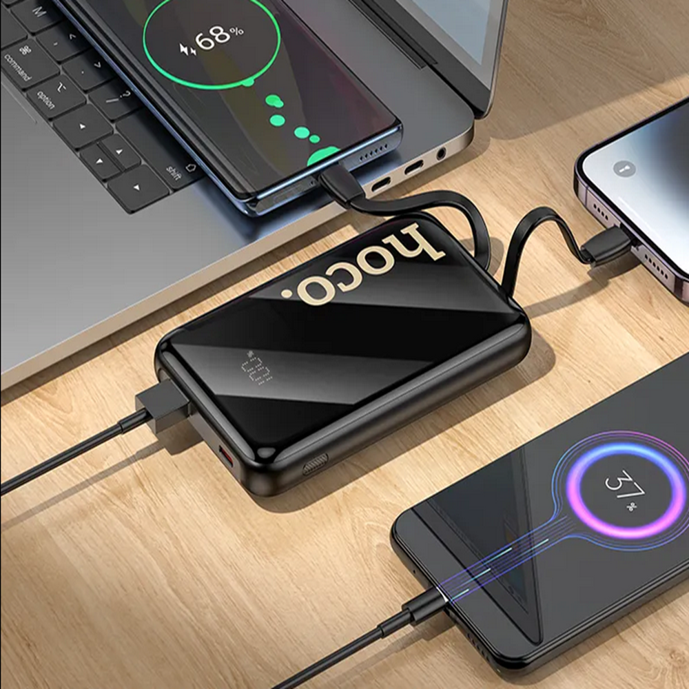 Chargeur de batterie externe portable (10 000 mAh) avec câbles USB-C et Lightning