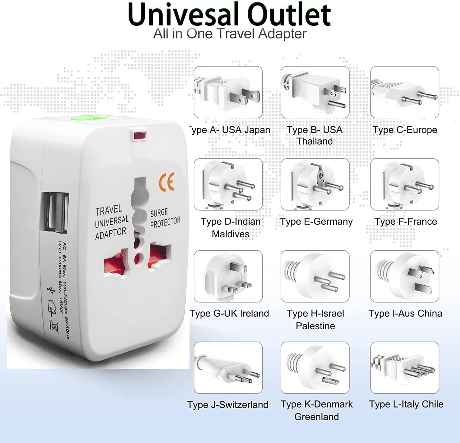 Adaptateur secteur de voyage universel avec chargeur mural (prise AU, US, UK, UE)
