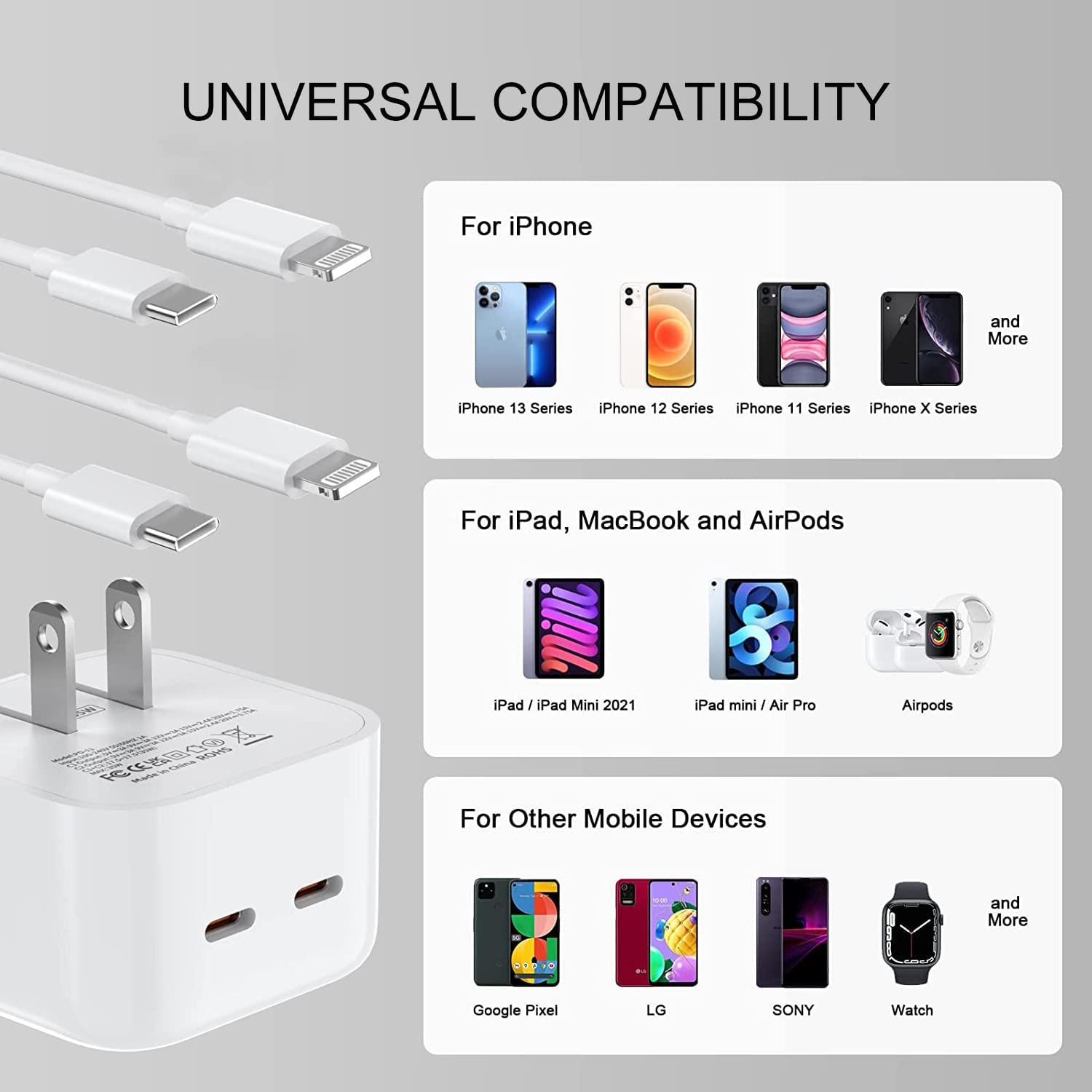 Adaptateur secteur à charge rapide double USB-C PD 3.0 35 W, chargeur mural et câble USB-C + câble Lightning (1 m)