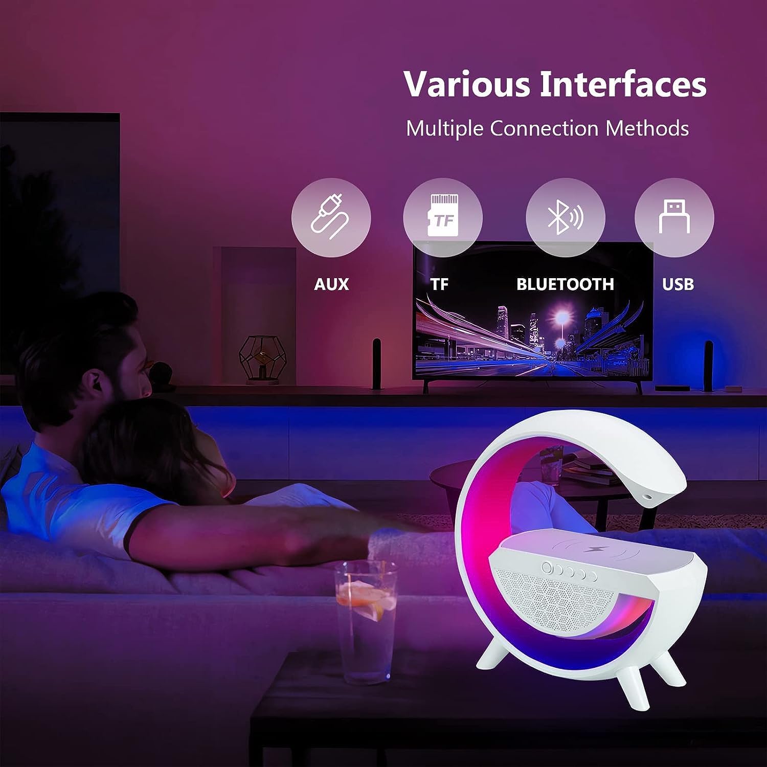 Lampe LED veilleuse sans fil Bluetooth haut-parleur stéréo avec support de chargeur sans fil