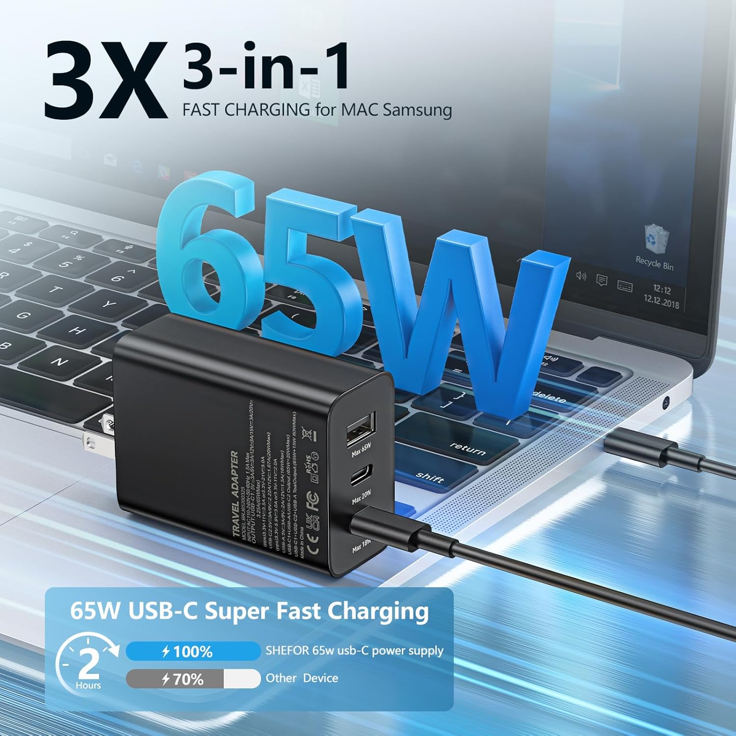 Adaptateur secteur mural à charge ultra rapide (65 W) avec 2 ports USB-C et USB-A et câble USB-C de 1 m