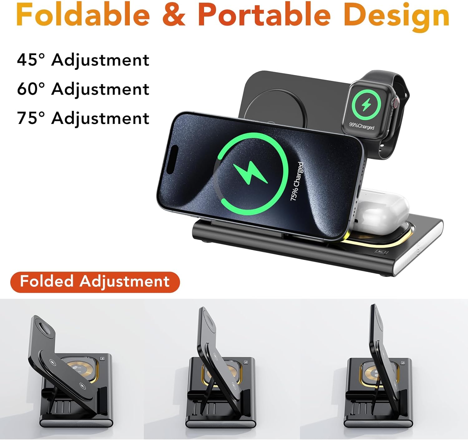 Station d'accueil de support de chargeur sans fil magnétique pliable 4 en 1 avec veilleuse