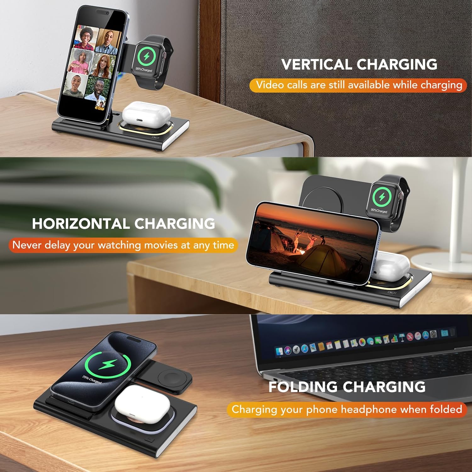 Station d'accueil de support de chargeur sans fil magnétique pliable 4 en 1 avec veilleuse
