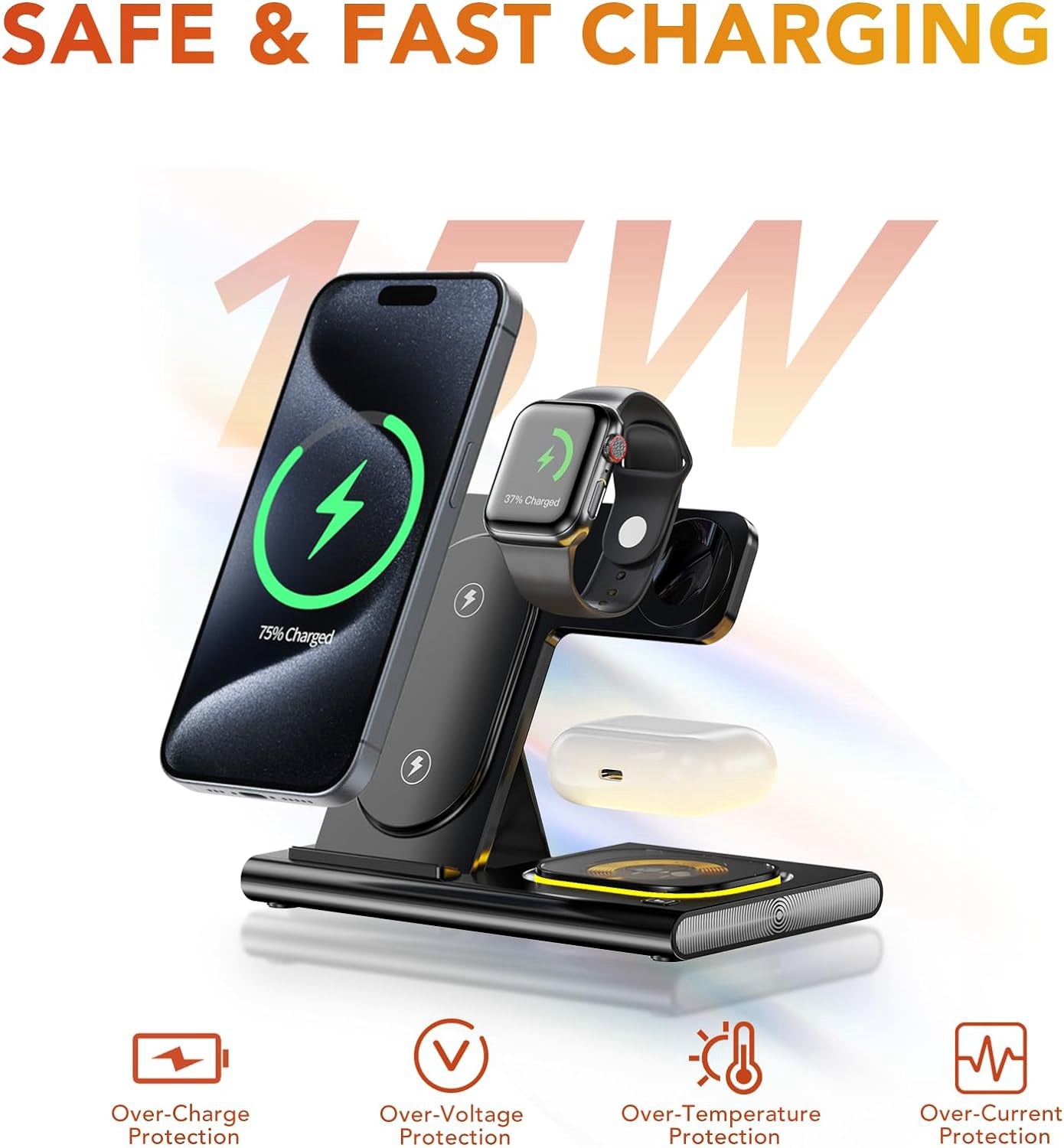 Station d'accueil de support de chargeur sans fil magnétique pliable 4 en 1 avec veilleuse