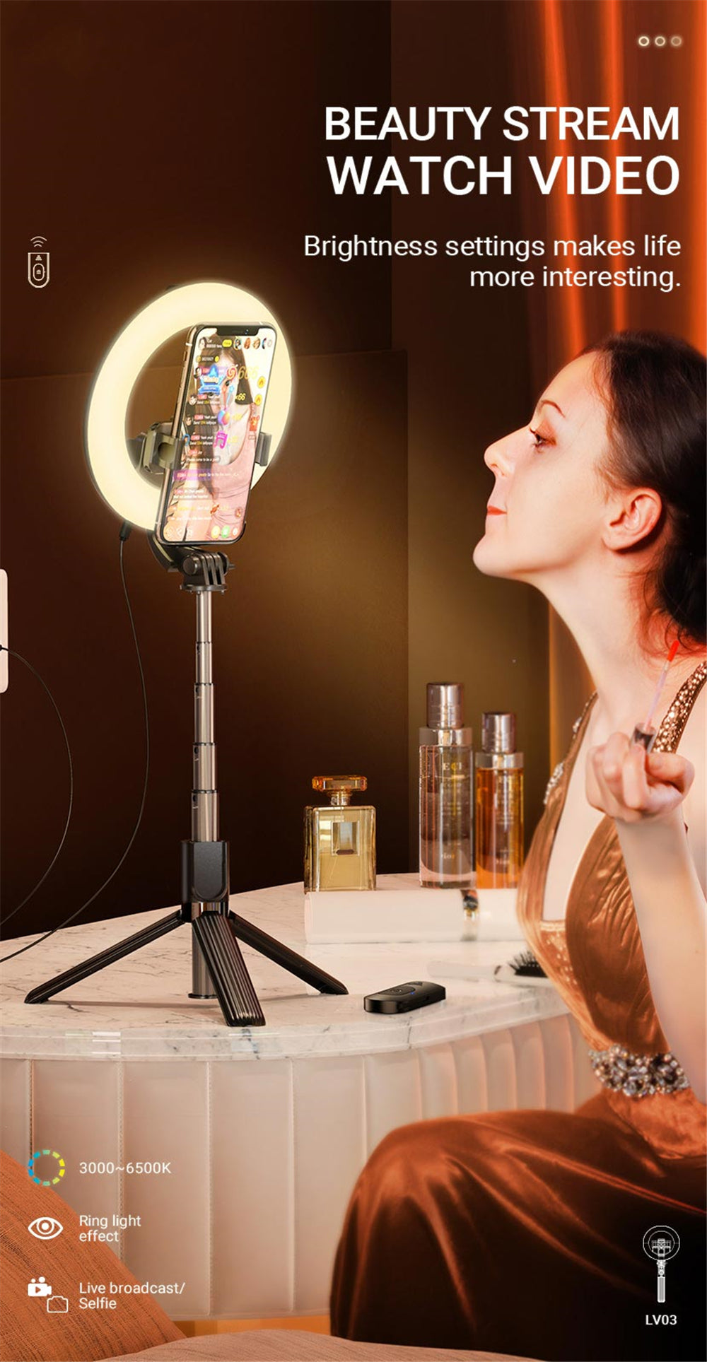 Trépied sans fil pour perche à selfie, support de téléphone avec anneau lumineux et télécommande