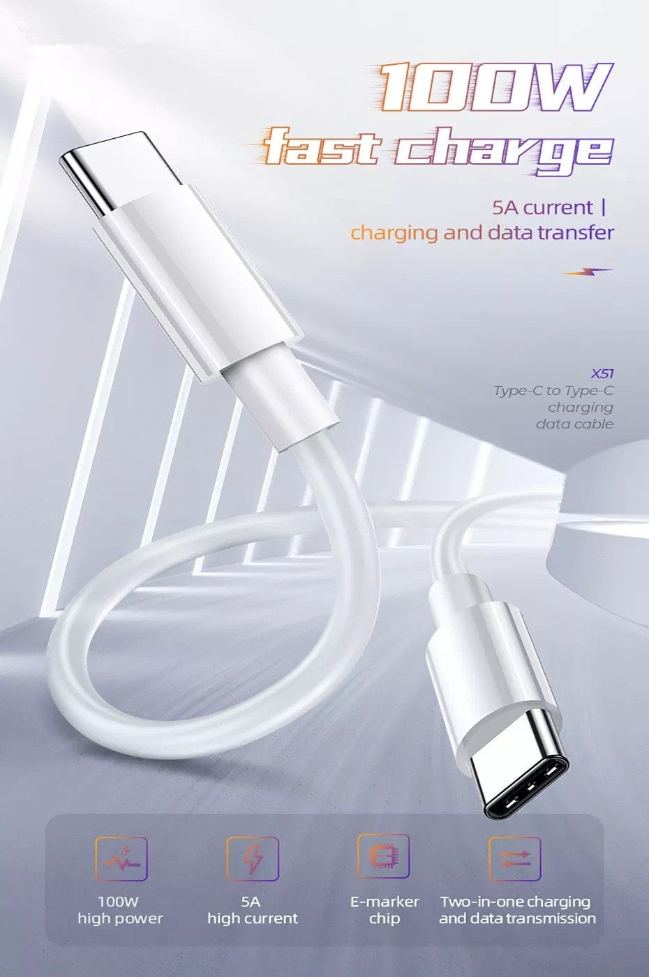 (100 W) Câble de données de charge rapide USB-C vers USB-C 5A