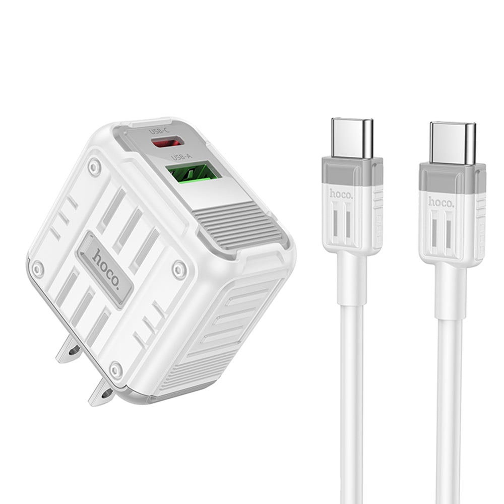 Chargeur secteur mural double ports USB-C + QC3.0 USB-A (20 W) avec câble de 1 m