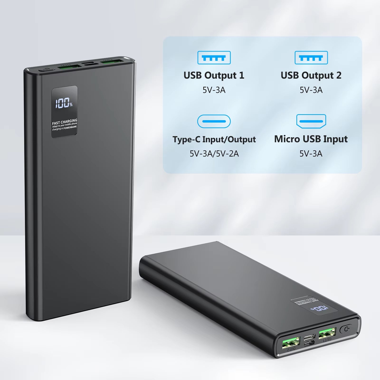 (10000mAh) Micro USB USB-C Battery Pack Charger Portable Power Bank