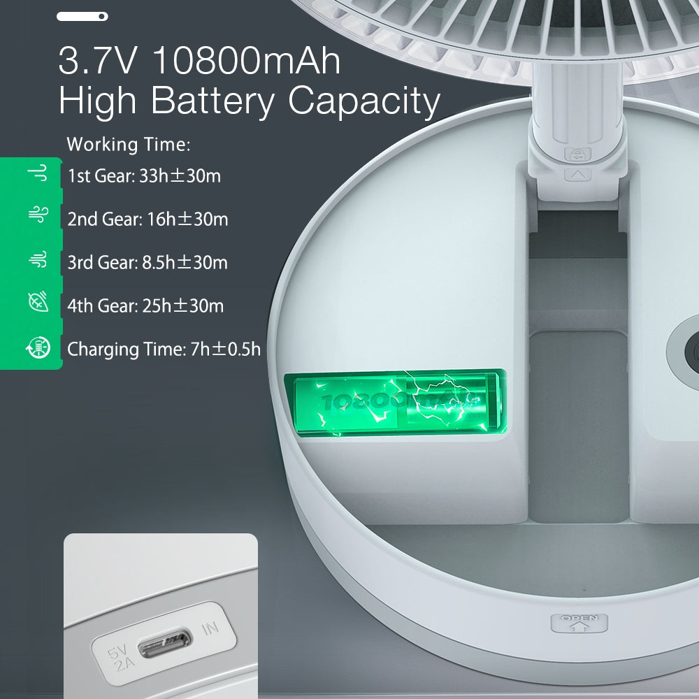 (10800mAh) Portable Wireless USB Folding Rechargeable Standing Ventilador Cooler Fan