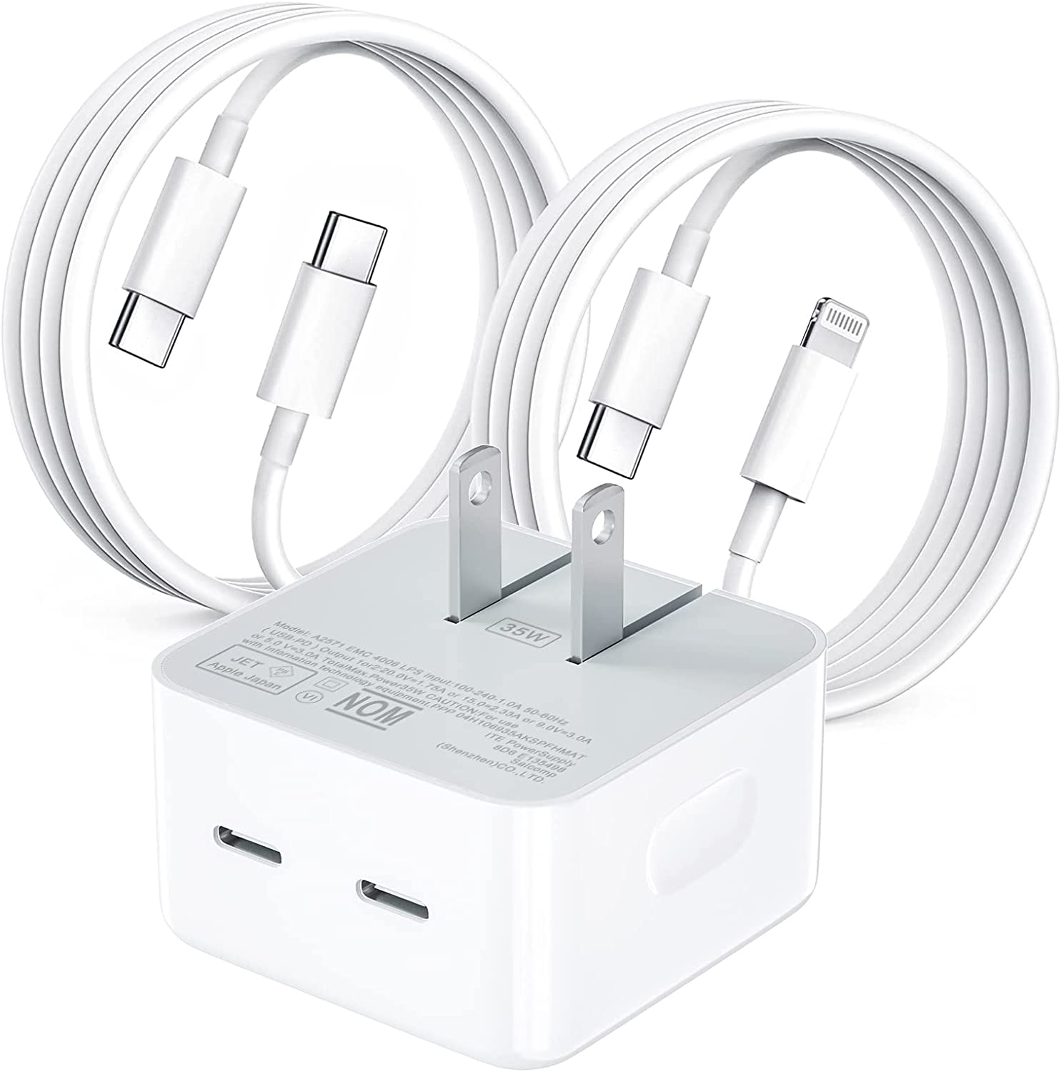 Adaptateur secteur à charge rapide double USB-C PD 3.0 35 W, chargeur mural et câble USB-C + câble Lightning (1 m)